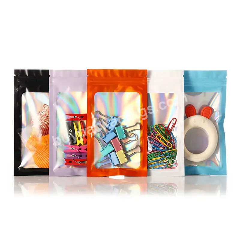 Custom Print Mini Transparent Holographic Resealable Smell Proof Food Proof Holographic Bag Glossy Mylar Bags With Tear Notch