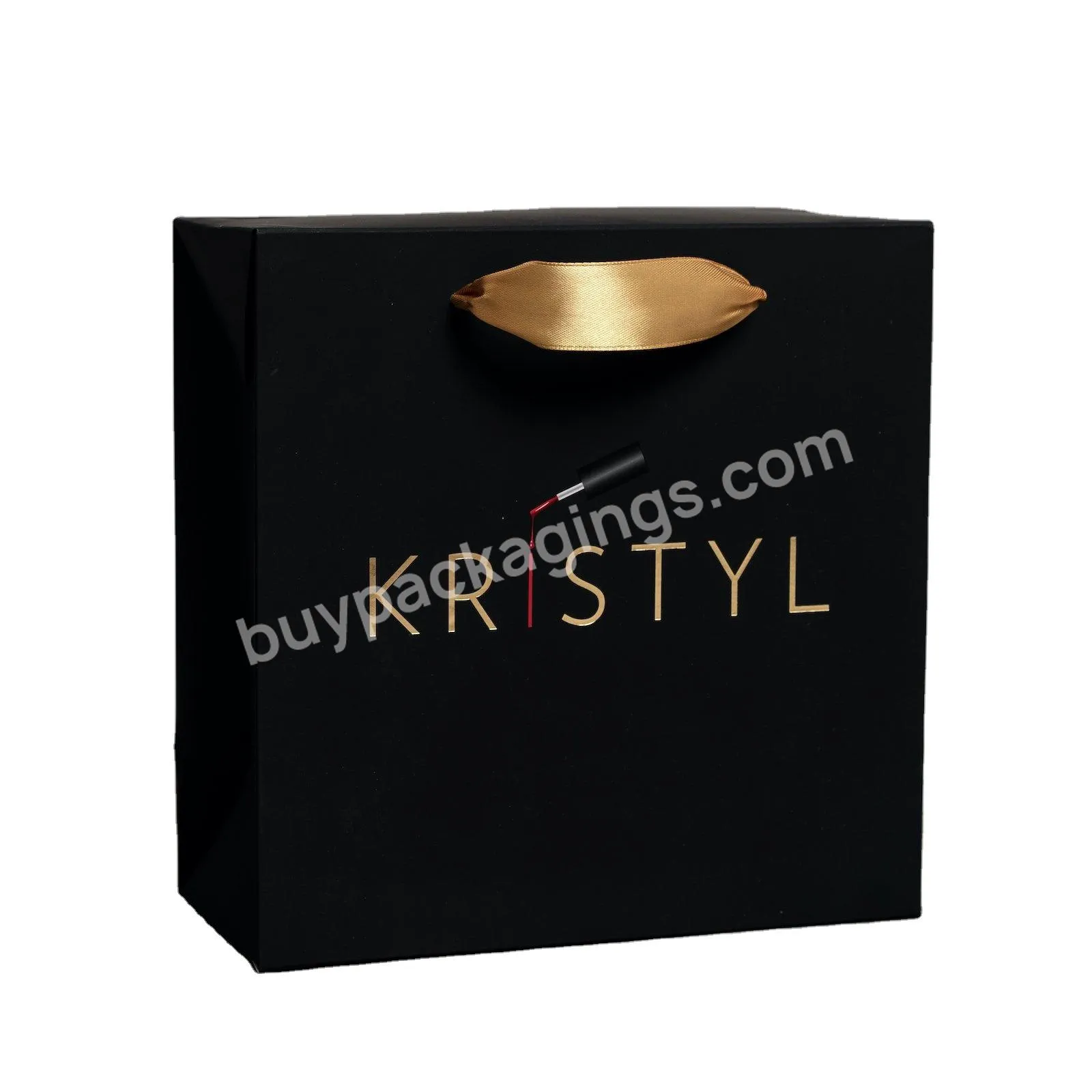 Custom print retail boutique shopping bag full sizes black clothes paper tote bag for clothing packaging with gold foil logo