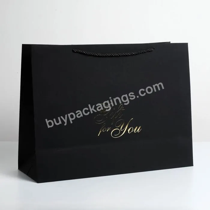 Custom print retail boutique shopping bag full sizes black clothes paper tote bag for clothing packaging with gold foil logo