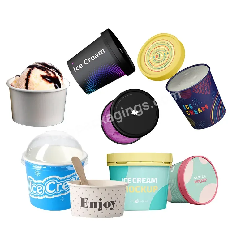 Custom Print Size Ml Container 4 5 8 16 Oz Kraft Paper Ice Cream Cups With Small Lid Spoon Tub Tube For Icecream Packaging