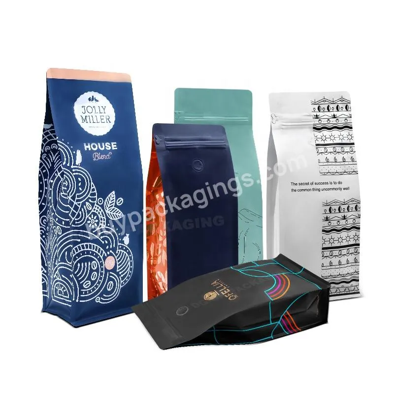 Custom Printed 250g Matt Black Paper Stand Up Pouch 8 Side Gusset Flat Bottom Coffee Bean Packaging Bags With One Way Valve