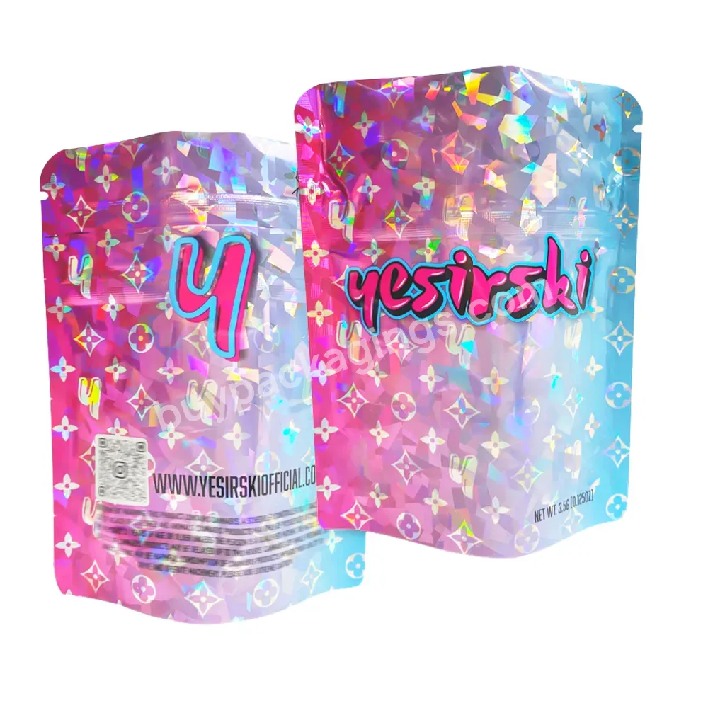 Custom Printed 3.5g Ziplock Pouch Pink Hologram Mylar Food Bags Smell Proof Crystal Holographic Foil Mylar Bag With Logo Print
