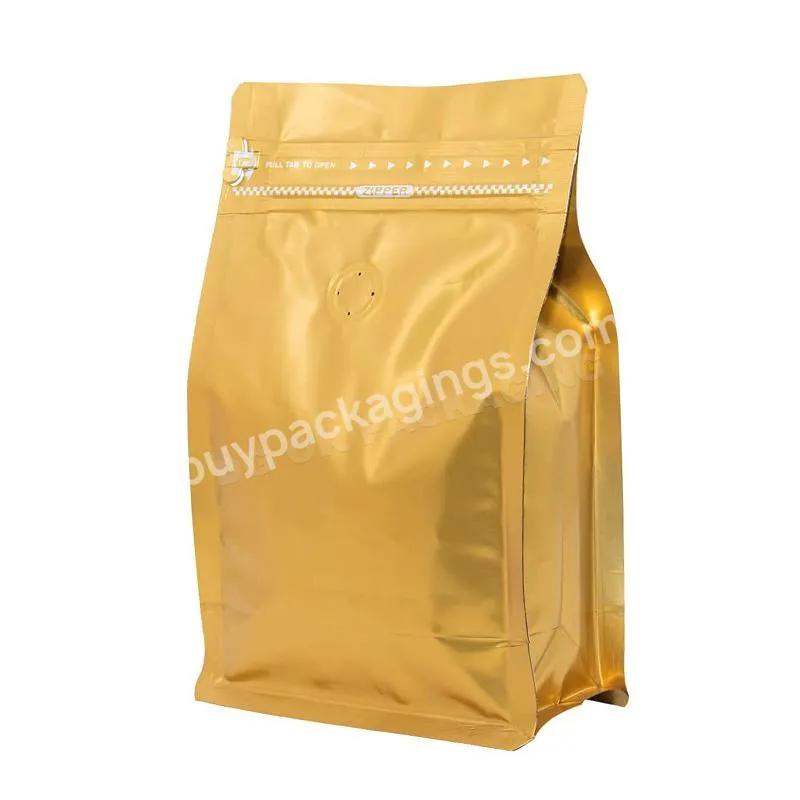 Custom Printed 500g 12oz 8oz Black Gold Stand Up Pouch Flat Bottom Coffee Bean Packaging Bags With One Way Valve