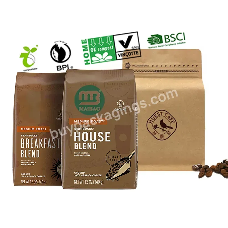 Custom Printed Biodegradable Compost Bottom Gusset Packing Coffee Packaging Foil Lined Coffee Bean Kraft Paper Bag With Valve