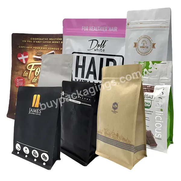 Custom Printed Biodegradable Kraft Paper Ziplock Food Flat Bottom Coffee Packaging Bag With Valve