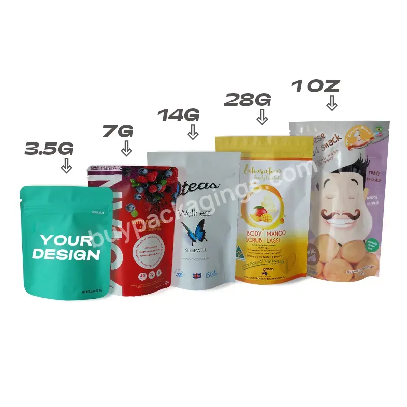 Custom Printed Child Proof Smell Proof Flexible Packaging Mylar Bags With Logo,3.5g 7g 14g 28g Stand Up Zipper Foil Bags