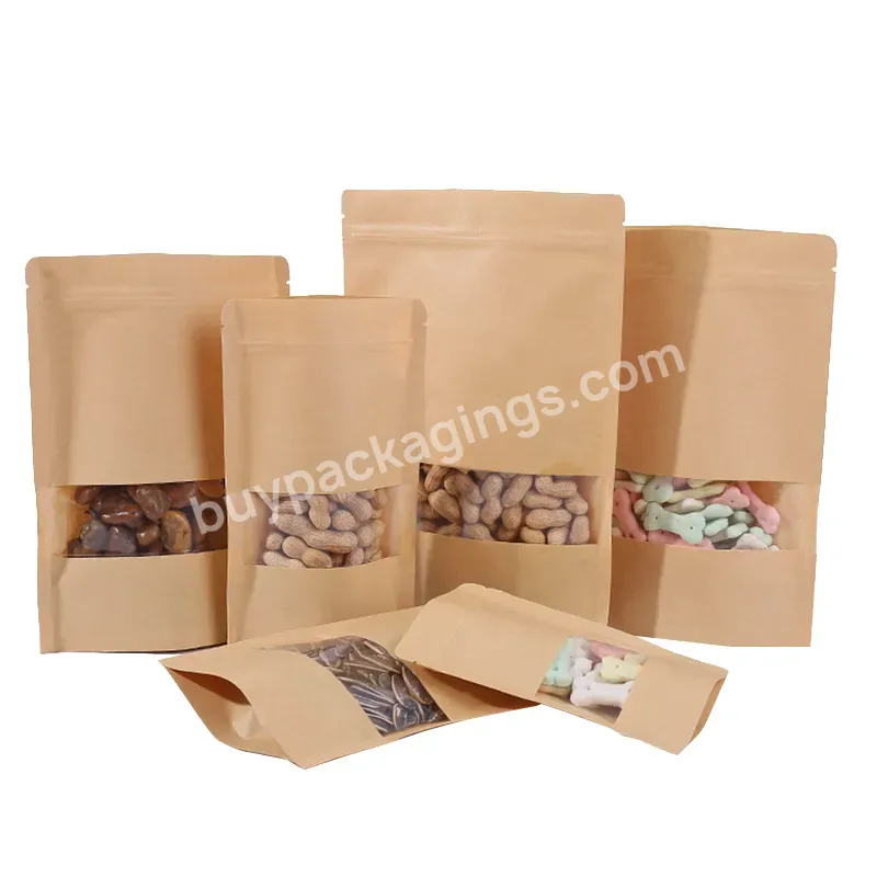 Custom Printed Doypack Resealable Zip Lock Brown Kraft Paper Bags With Clear Window