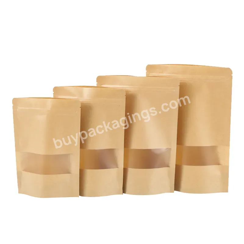 Custom Printed Doypack Resealable Zip Lock Brown Kraft Paper Bags With Clear Window