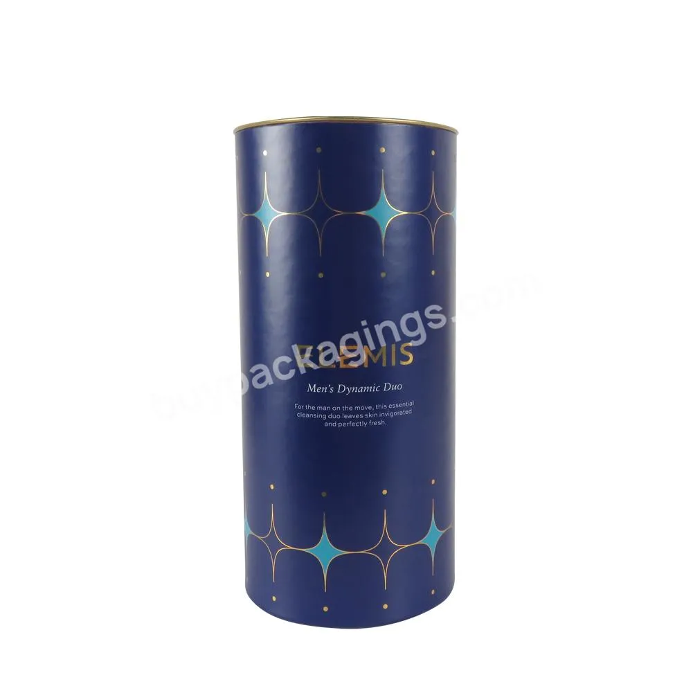 Custom Printed Foil Lined Cardboard Tube Containers Blue Cosmetic Round Cylinder Packaging Box