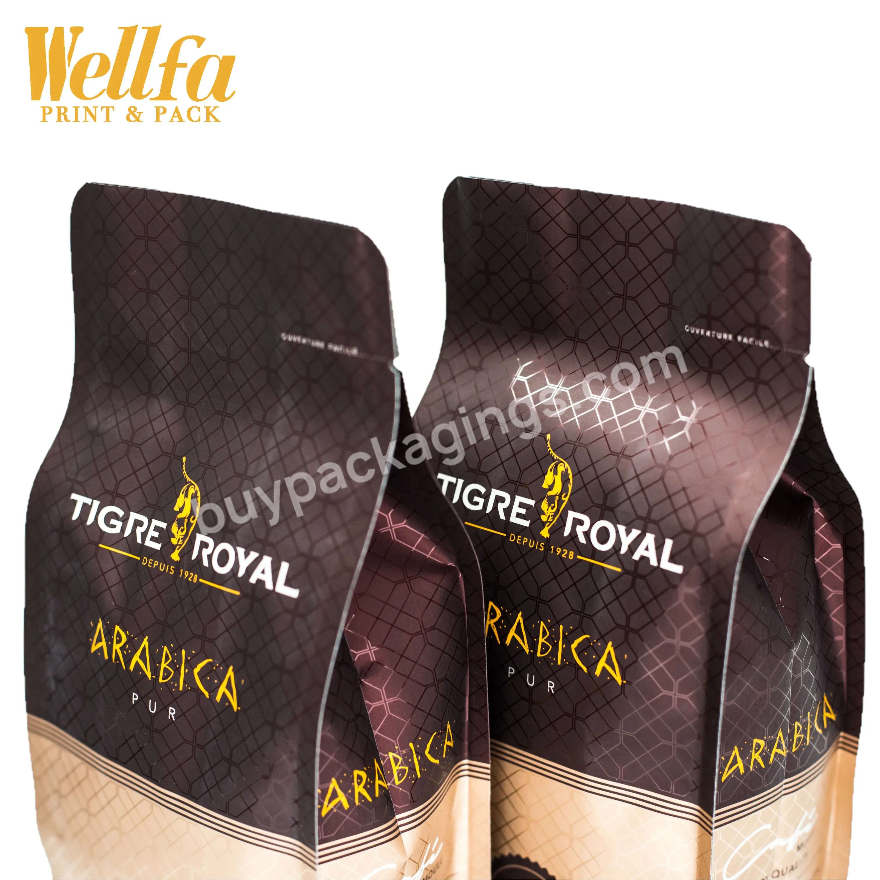Custom Printed Food Grade Aluminum Foil Plastic Coffee Packaging Flat Bottom Pouch With Valve