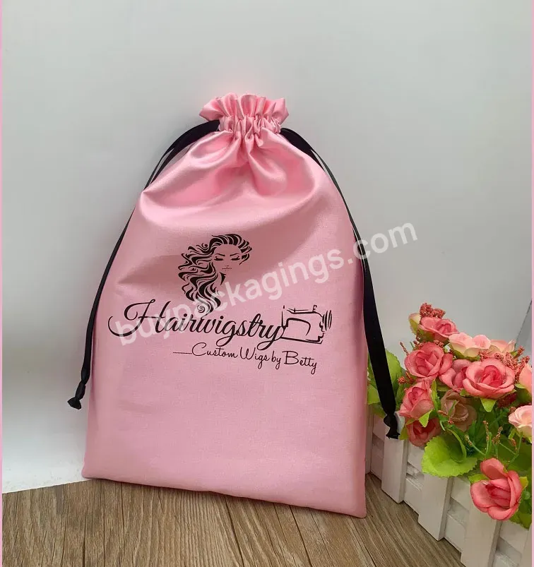 Custom Printed Logo Bundle Wig Hair Extension Wig Satin Packaging Drawstring Dust Bags Silk Lash Storage Gift Pouch