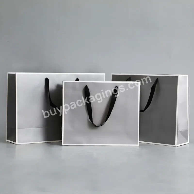Custom Printed Logo Cardboard Gray Gift Shopping Packaging Bag Paper Foil Clothing Boutique Bag