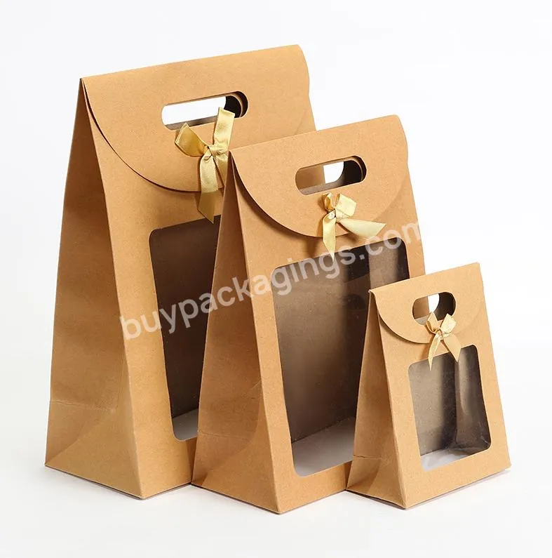 Custom Printed Logo Disposable Recycled Kraft Paper Gift Bag Fancy Paper Bag With Clear Window