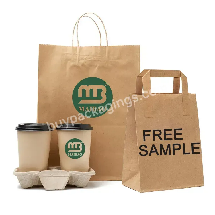 Custom Printed Logo Eco Friendly Shoppers Organic Reusable Recycle Restaurant Coffee Takeaway Brown Kraft Paper Bag With Handle