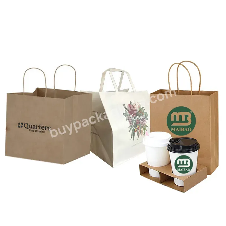 Custom Printed Logo Recycle With Twisted Handle For Coffee Restaurant Togo Takeaway Cake Pizza Carrier Brown Kraft Paper Bag
