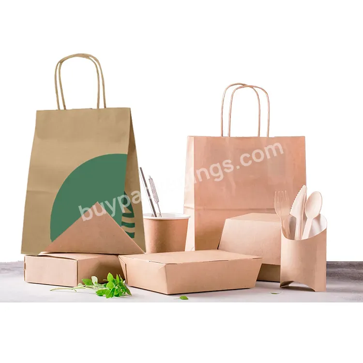 Custom Printed Logo Recycle With Twisted Handle For Coffee Restaurant Togo Takeaway Cake Pizza Carrier Brown Kraft Paper Bag