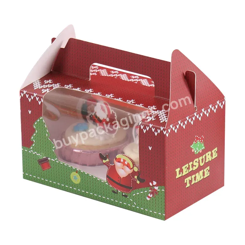 Custom Printed Logo Red Christmas Cupcake Cake Pastry Packaging Packaging Paper Box With Handle And Transparent Window
