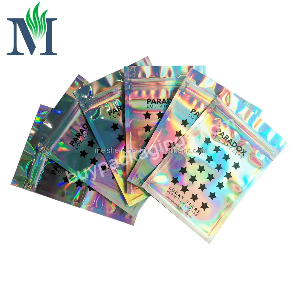 Custom Printed Logo Smell Proof Three Side Seal Iridescent Polybags Small Packaging Holographic Aluminum Foil Bag