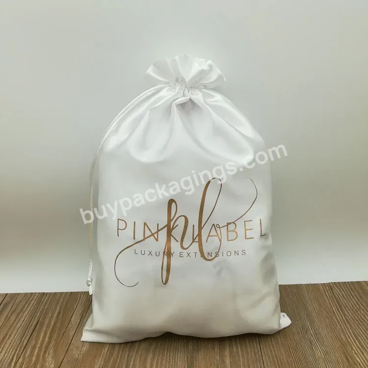 Custom Printed Logo White Luxury Bundle Wig Hair Extension Satin Drawstring Bag Silk Clothes Shoes Gift Dust Packing Pouch