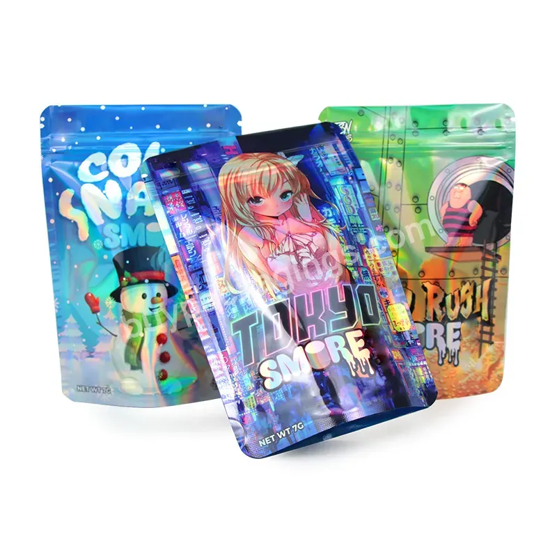 Custom Printed Mylar Bag 3.5g Holographic Ziplock Pouch Mylars Food Bags Smell Proof Holographic Mylar Bag With Logo Print