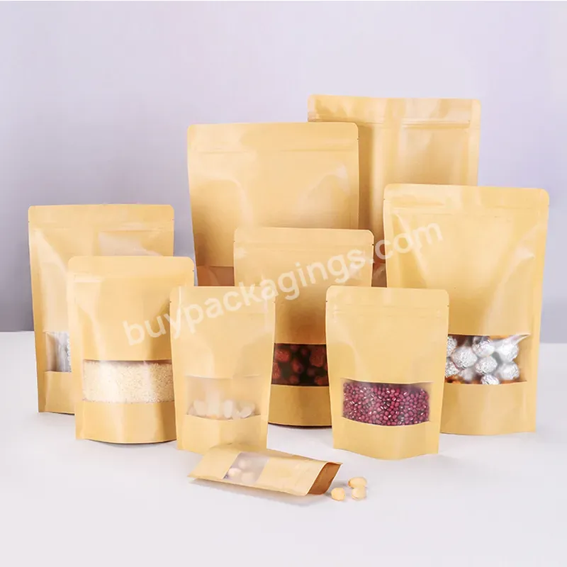 Custom Printed Packaging For Coffee For Tea Resealable Doypack Zipper Stand Up Pouch Brown Kraft Paper Bags With Clear Window