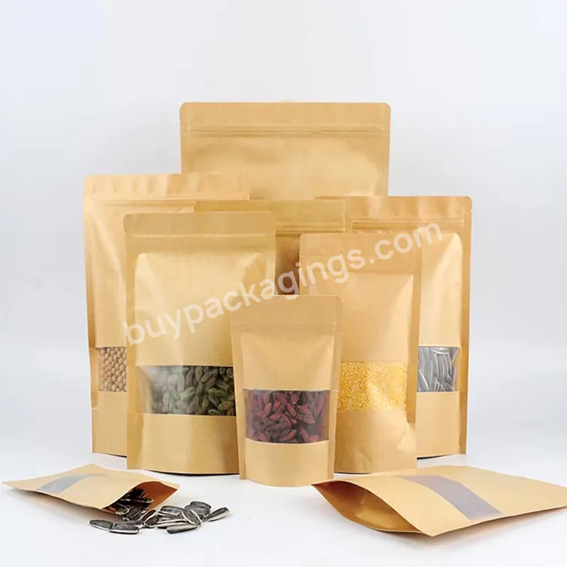 Custom Printed Packaging For Coffee For Tea Resealable Doypack Zipper Stand Up Pouch Brown Kraft Paper Bags With Clear Window