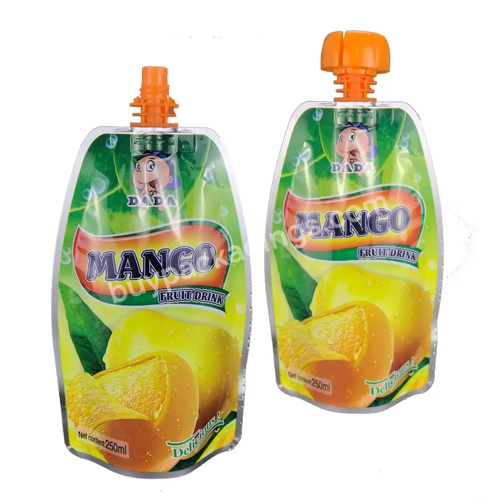 Custom Printed Personalized Matte Food Grade Resealable Plastic Mango Fruit Drinks Juice Packing Stand Up Pouch Spout Bag