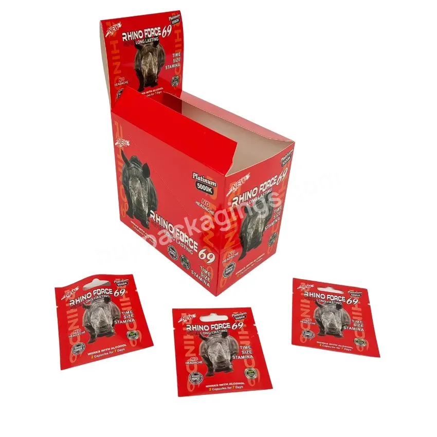 Custom Printed Rhino Pills Male Enhancement Foil Pouch Bag And Display Box Rhino Pills Set Blister Paper Cards