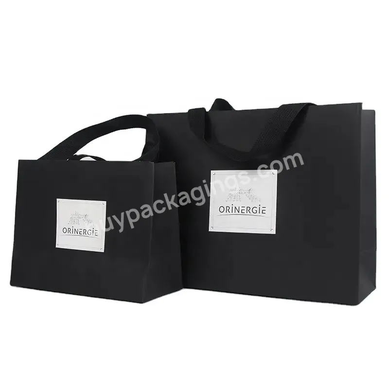 Custom Printed Ribbon Handle Cardboard Packaging Tote Bags Bolsas Black Matte Retail Luxury Gift Paper Shopping Bag With Logos