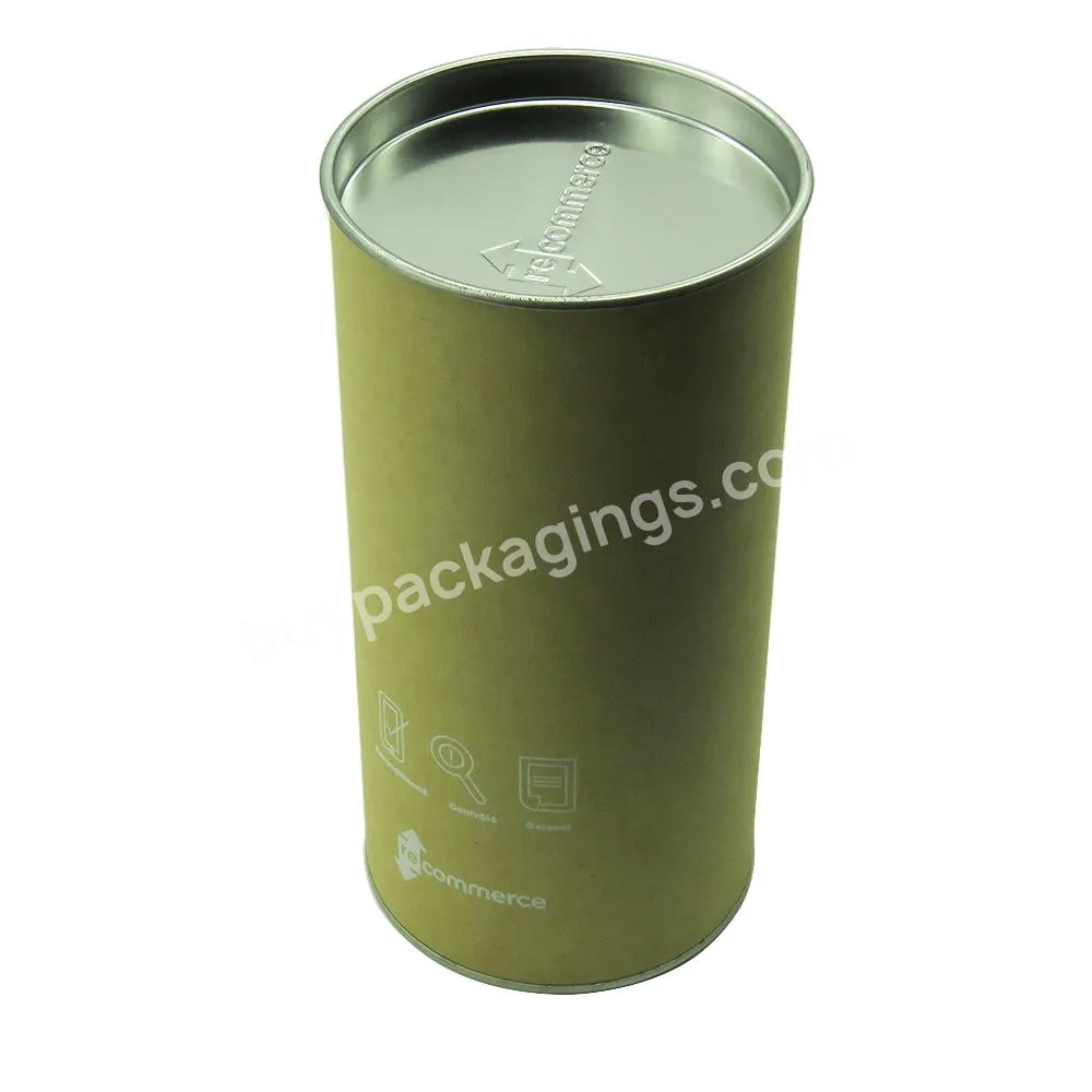 Custom printed round shape canister rigid cardboard tea powder packaging box with tin metal lid