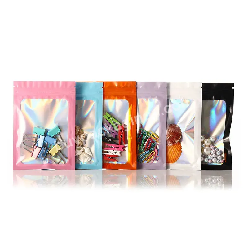 Custom Printed Sealable Clear Rainbow Holographic Pink Zipper Pouch Hologram Packaging Bag
