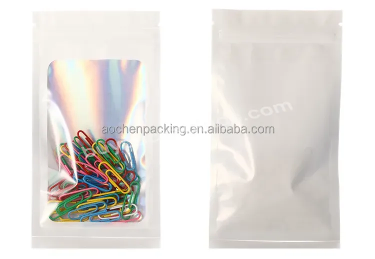 Custom Printed Sealable Clear Rainbow Holographic Pink Zipper Pouch Hologram Packaging Bag