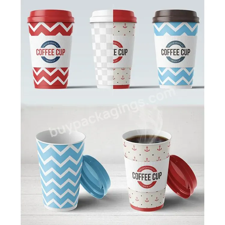 Custom Printed Takeaway Biodegradable Disposable Double Wall Paper Cup Sleeve Holder For Coffee Drink Carrier With Plastic Lid