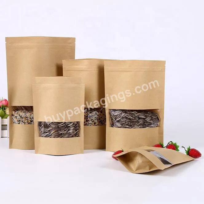 Custom Printed Waterproof Zipper Sealed Resealable With Window Zip Lock Food Grade Ziplock Stand Up Pouch Brown Kraft Paper Bag