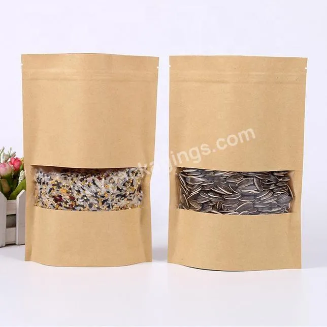 Custom Printed Waterproof Zipper Sealed Resealable With Window Zip Lock Food Grade Ziplock Stand Up Pouch Brown Kraft Paper Bag