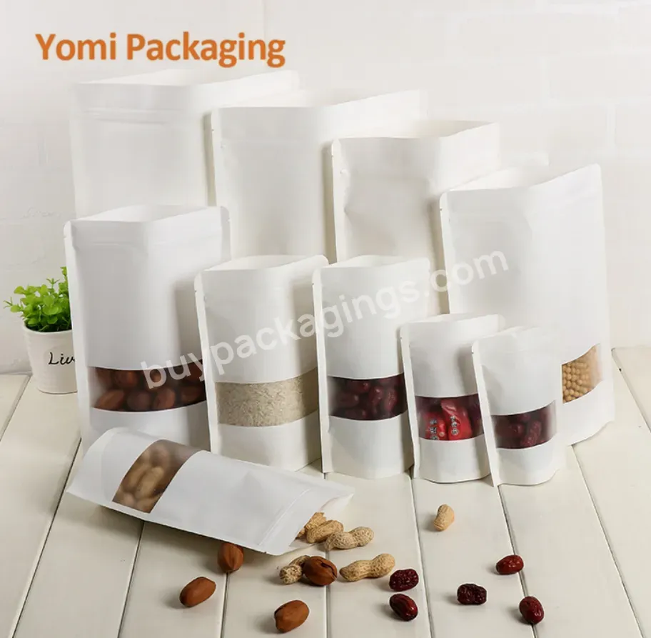 Custom Printed White Kraft Paper Stand Up Bag Pouch With Zipper And Clear Window For Chia Seed