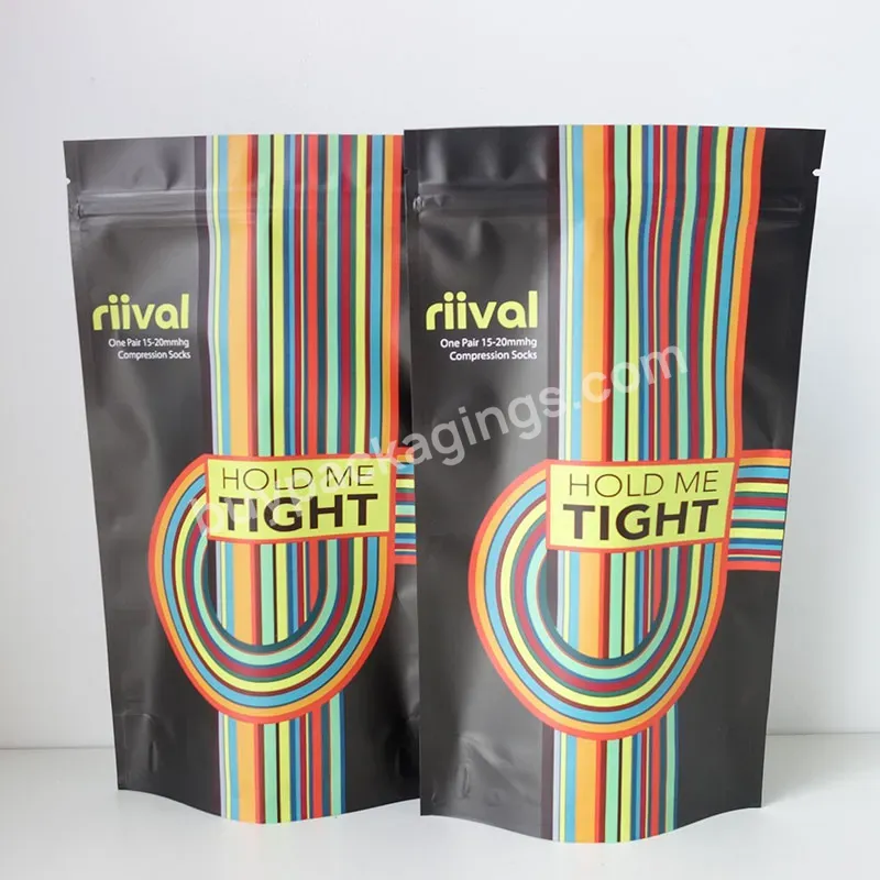 Custom Printed With Own Logo Zip Lock Bags Socks Self Seal Resealable Pouch Matte Black Socks Packaging Plastic Stand Up Bag