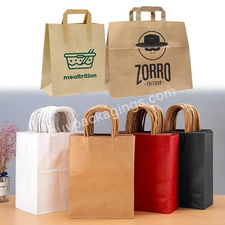Custom Printed With Your Own Logo Delivery For Food Shopping Gift Packaging Take Out Restaurant Takeout Takeaway Paper Bags
