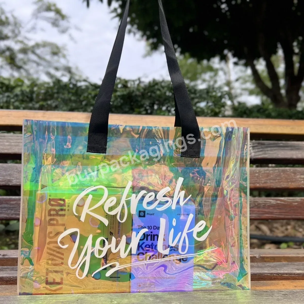 Custom Printed Your Own Logo Pvc Holographic Lazer Tote Bag Cloths Cosmetic Mirage Handbag