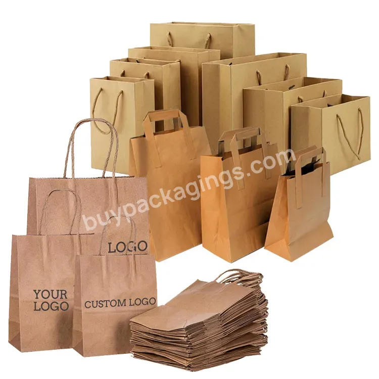 Custom Printed Your Own Logo White Gift Craft Shopping Brown Kraft Paper Bag With Handles For Food Restaurant