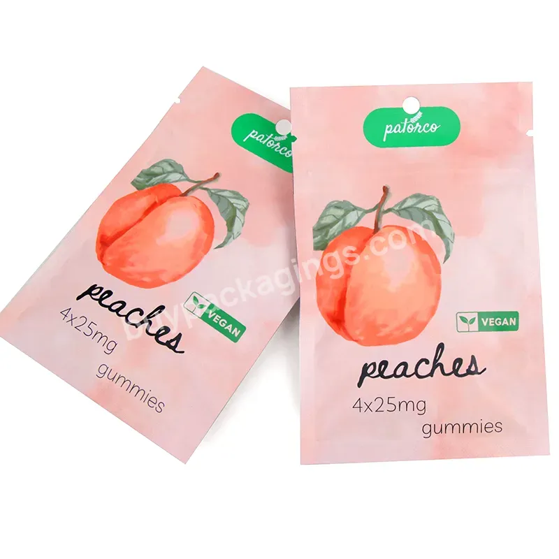 Custom Printed Ziplock Child Proof Baggies Vegan Peach Packaging 3.5g Smell Proof Candy Gummies Plastic Mylar Bags