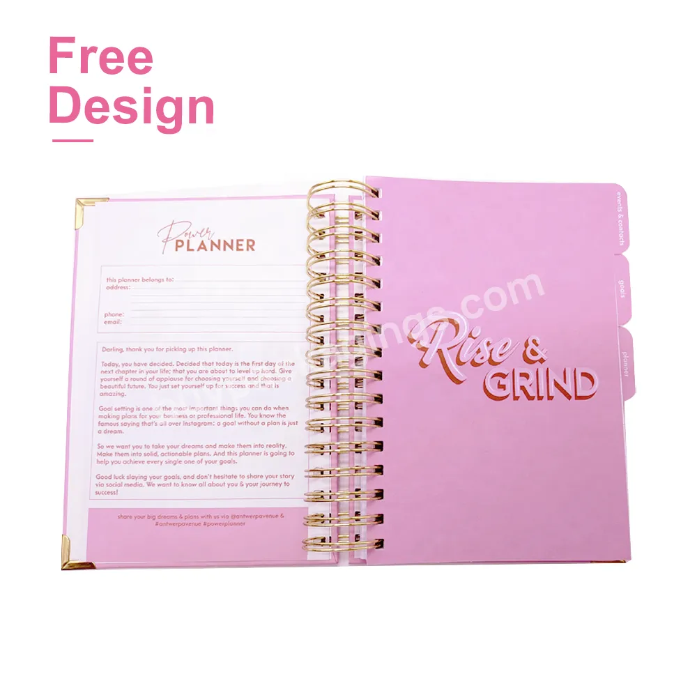 Custom Printing 2022 2023 Pink Hardcover A5 Daily Weekly Monthly Organizer Diary Journal Agenda Planner Spiral Notebook