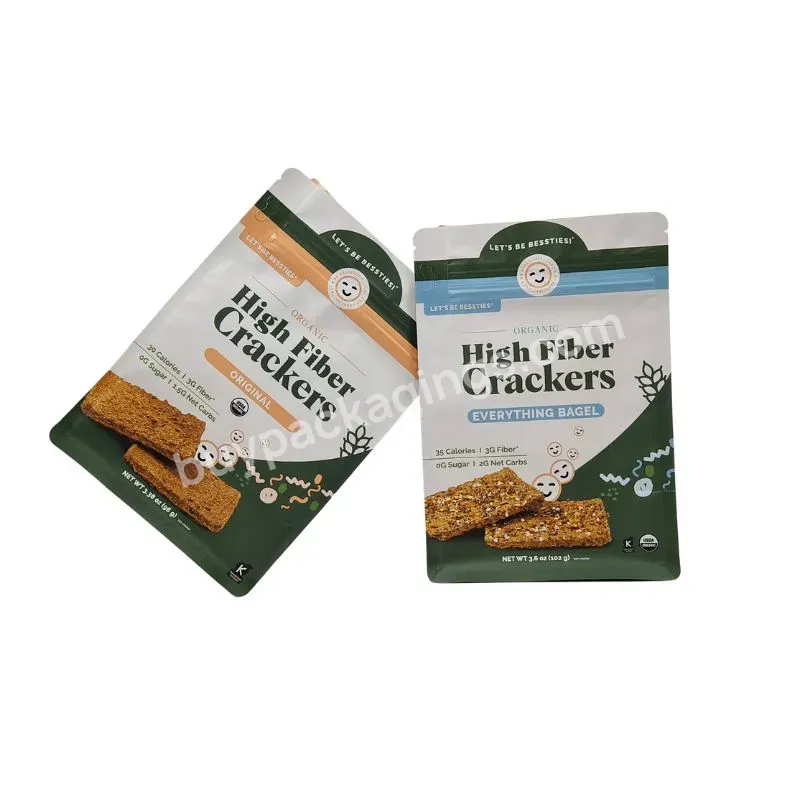 Custom Printing 96g 102g High Fiber Crackers Matte Flat Bottom Bags Packaging With Easy Tear Notches Bags