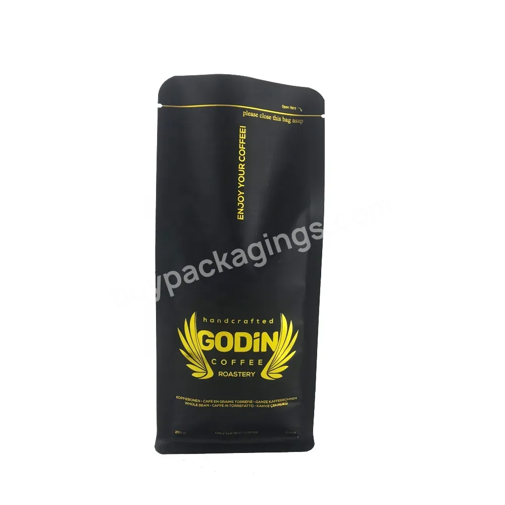 Custom Printing Food Grade Resealable Stand Up Zipper 8 Side Seal Matte Black Aluminum Coffee Bag With One Way Valve