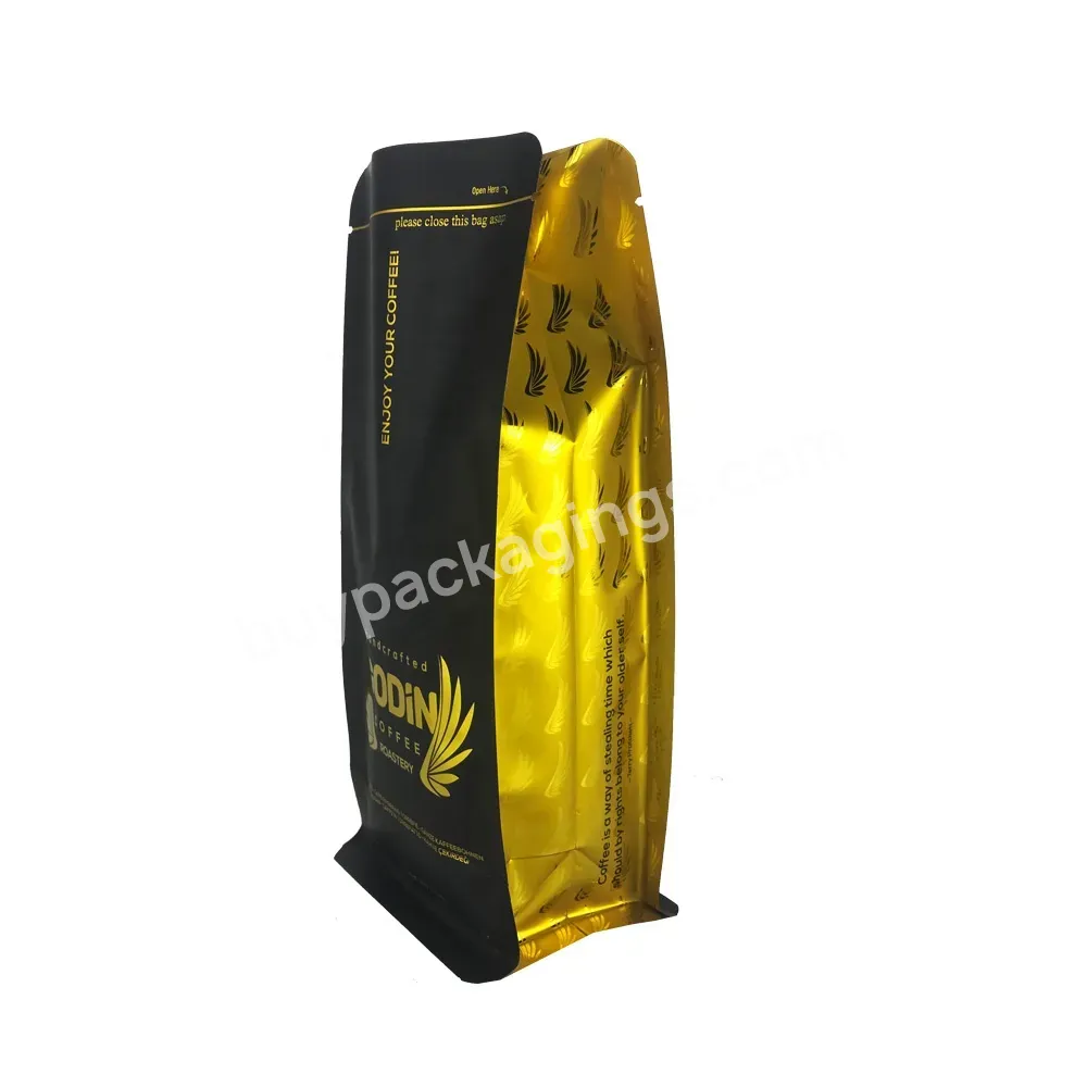 Custom Printing Food Grade Resealable Stand Up Zipper 8 Side Seal Matte Black Aluminum Coffee Bag With One Way Valve