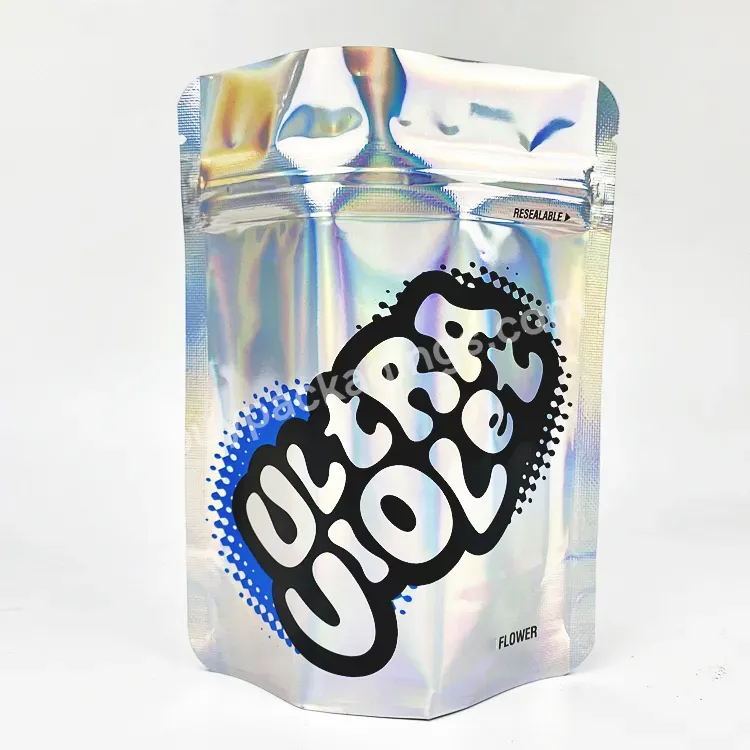 Custom Printing Holographic Laser Stand Up Ziplock Pouch Rainbow Mylar Bags 7 Gram With Window