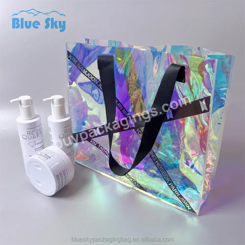 Custom Printing Logo Pvc Holographic Tote Bag Cloths Cosmetic Packaging Plastic Mirage Handbag