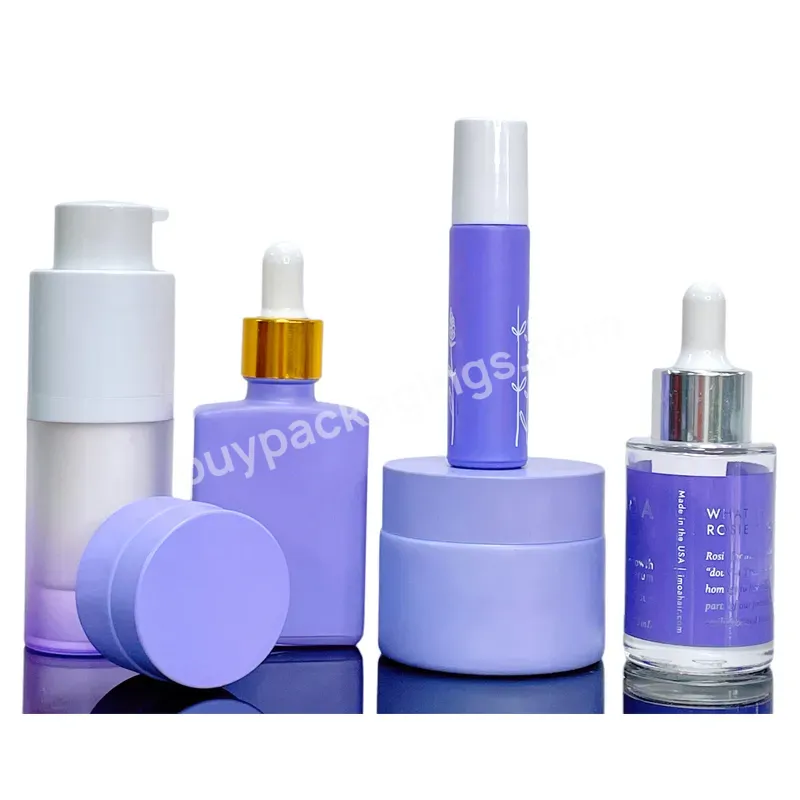 Custom Purple Skincare 50g Moisture Cream Jar 30ml Face Serum Bottle 15ml Airless Pump Bottle Sets For Cosmetic Packaging