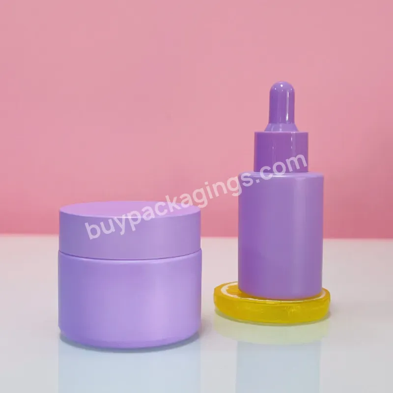 Custom Purple Skincare Packaging Cosmetic Bottle And Jar Round 50g Glass Face Cream Jar 30 Ml Hair Oil Serum Dropper Bottle