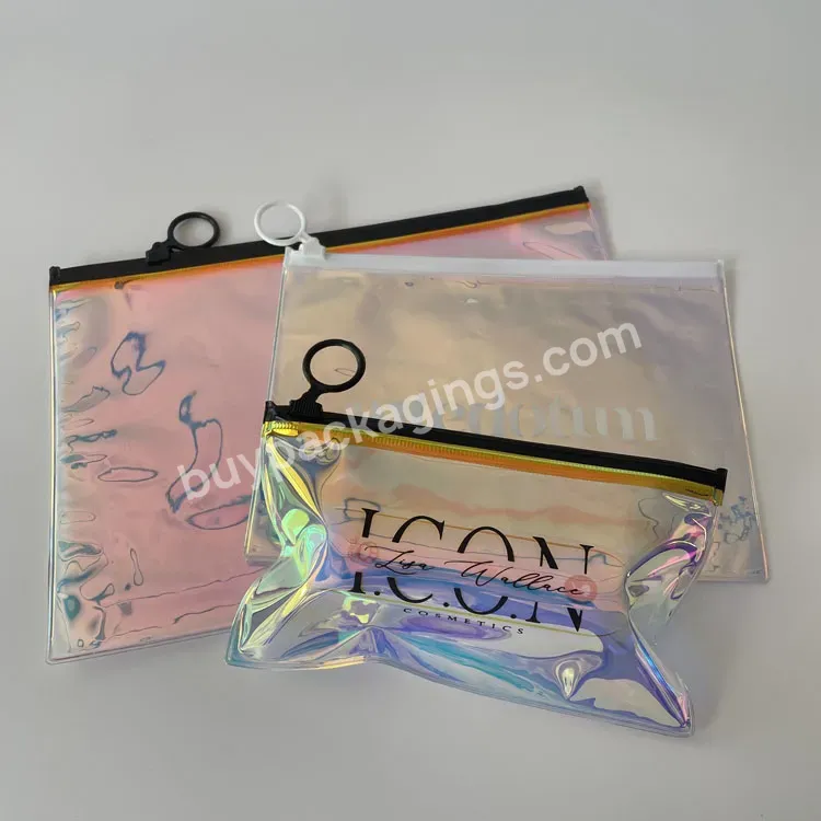 Custom Pvc Holographic Cosmetic Zip Makeup Pouch With Logo Plastic Zipper Bag